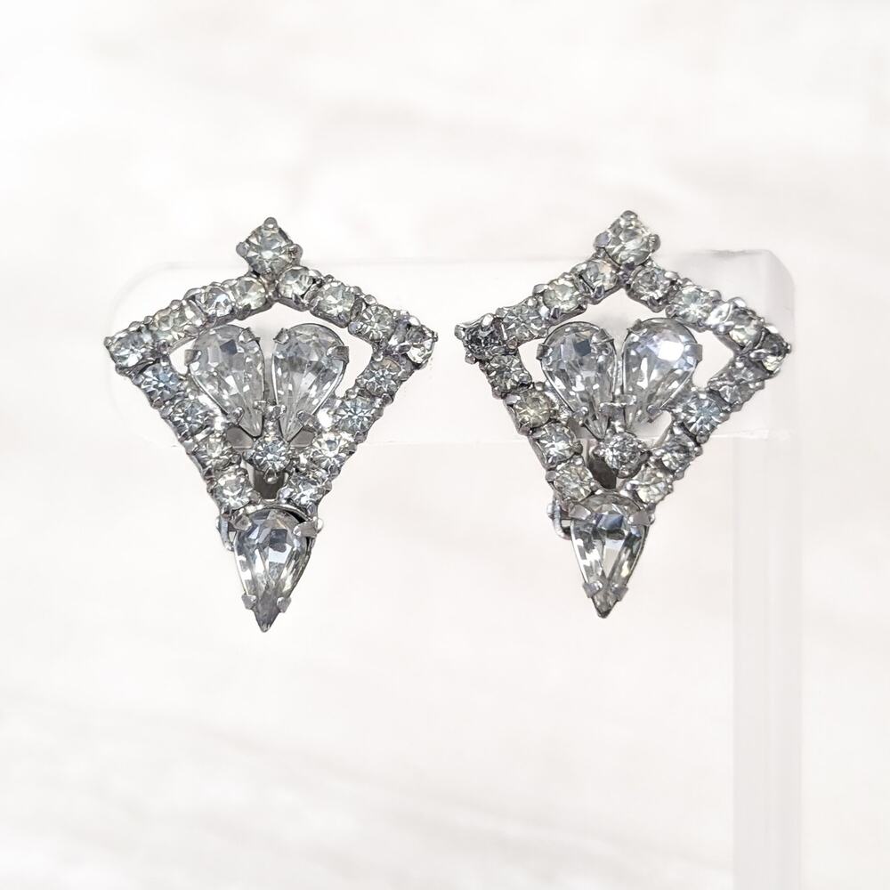 Vintage Clip On Earrings Stylish Silver Tone & Clear Gem Large 1 & 3/8"